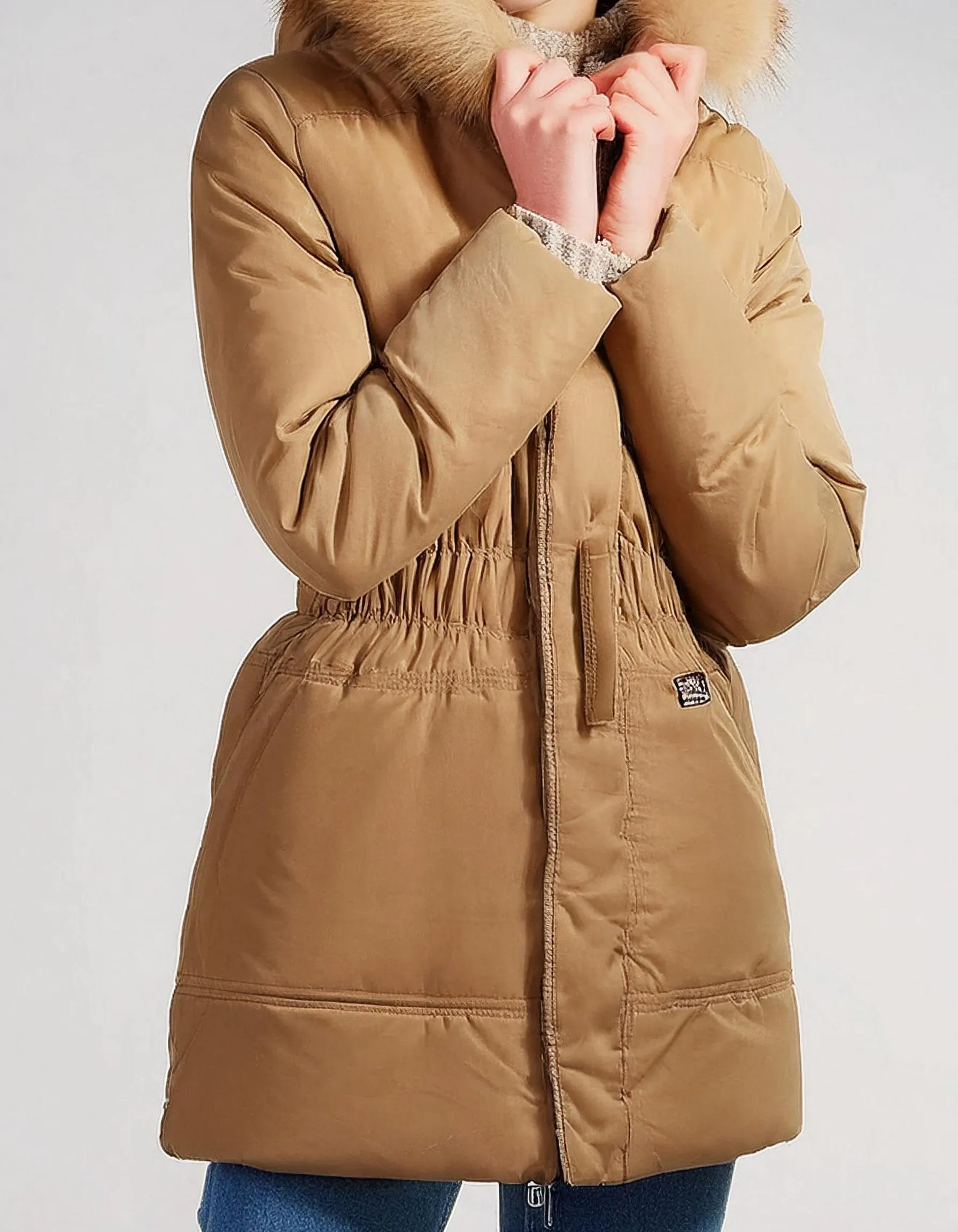 Tan Hooded Parka with Faux Fur Lining