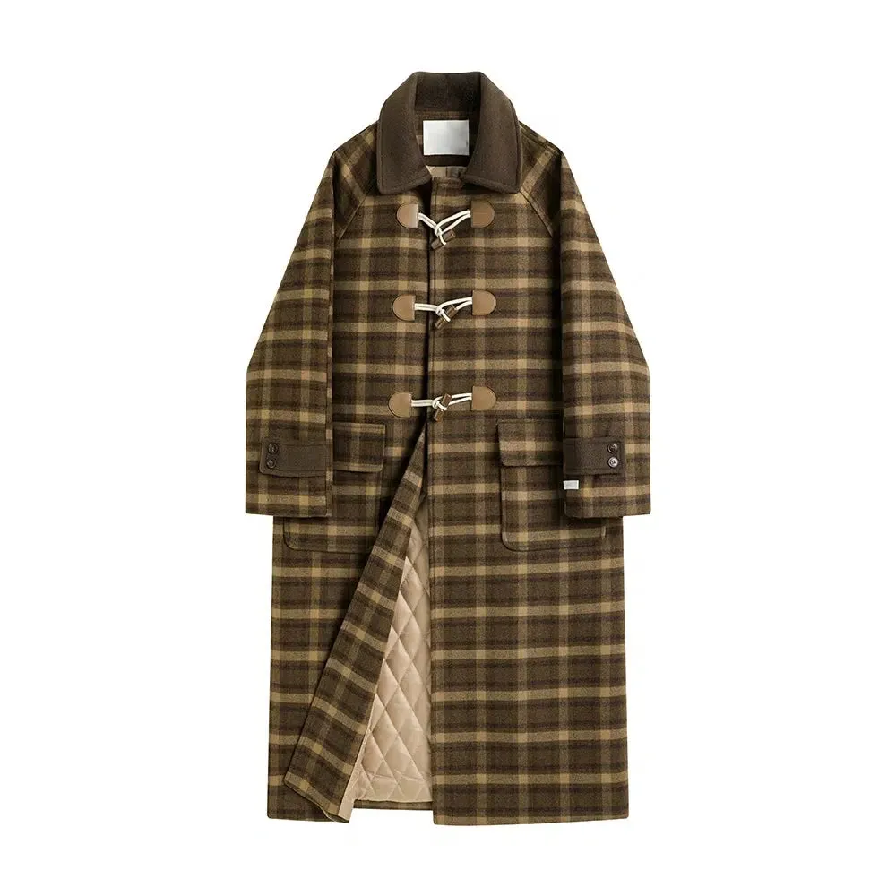 Toggle Closure Plaid Wool Duffle Coat