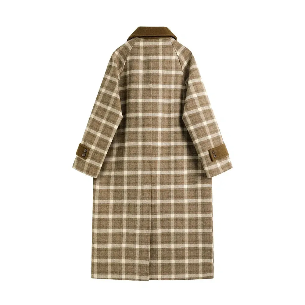 Toggle Closure Plaid Wool Duffle Coat