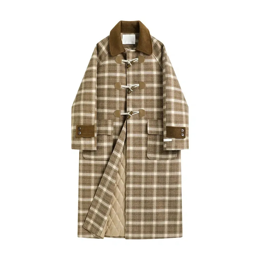 Toggle Closure Plaid Wool Duffle Coat