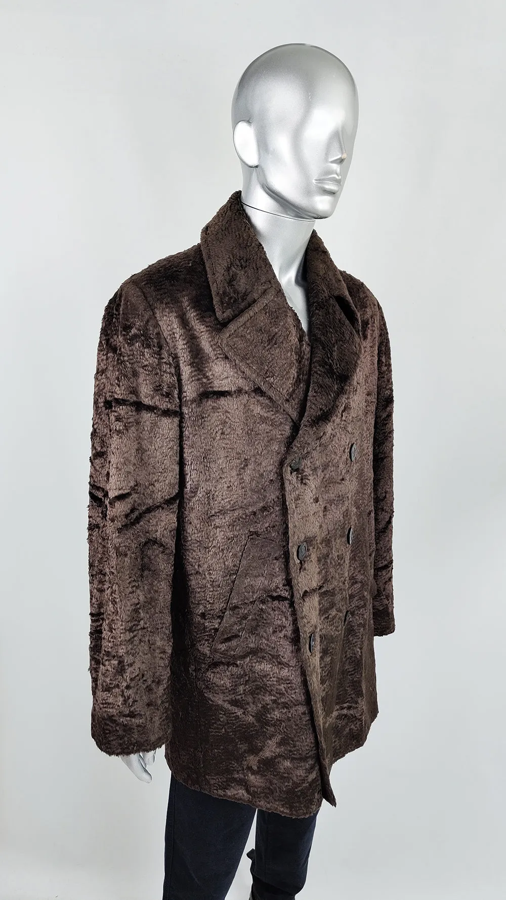 Valentino Vintage Mens Brown Faux Fur Double Breasted Coat