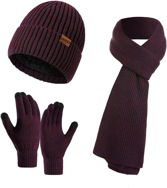 Winter Soft Black Thermal Knit Beanie Hat, Gloves & Scarf Set