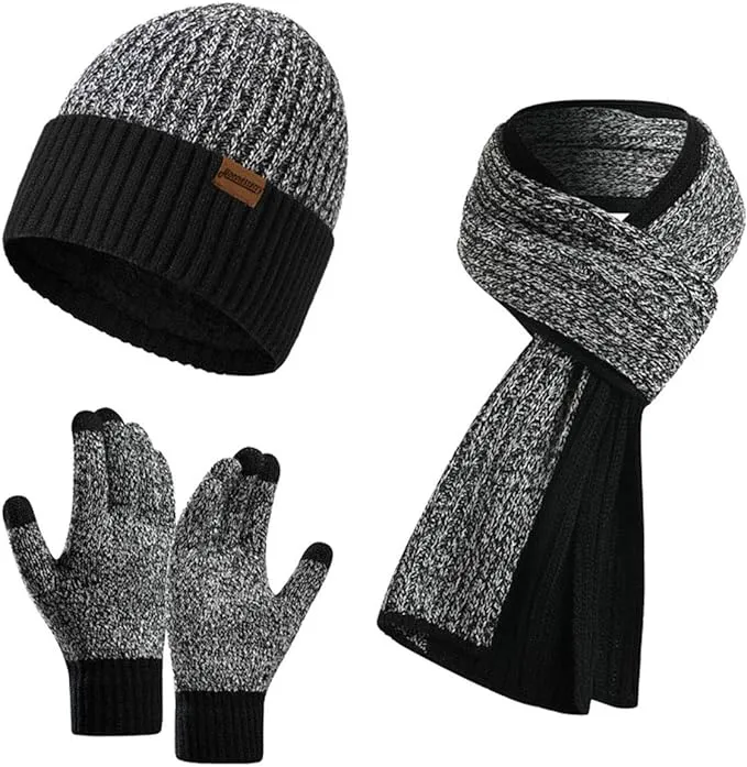 Winter Soft Black Thermal Knit Beanie Hat, Gloves & Scarf Set