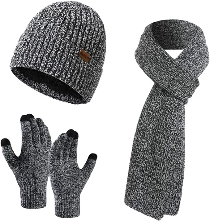 Winter Soft Black Thermal Knit Beanie Hat, Gloves & Scarf Set