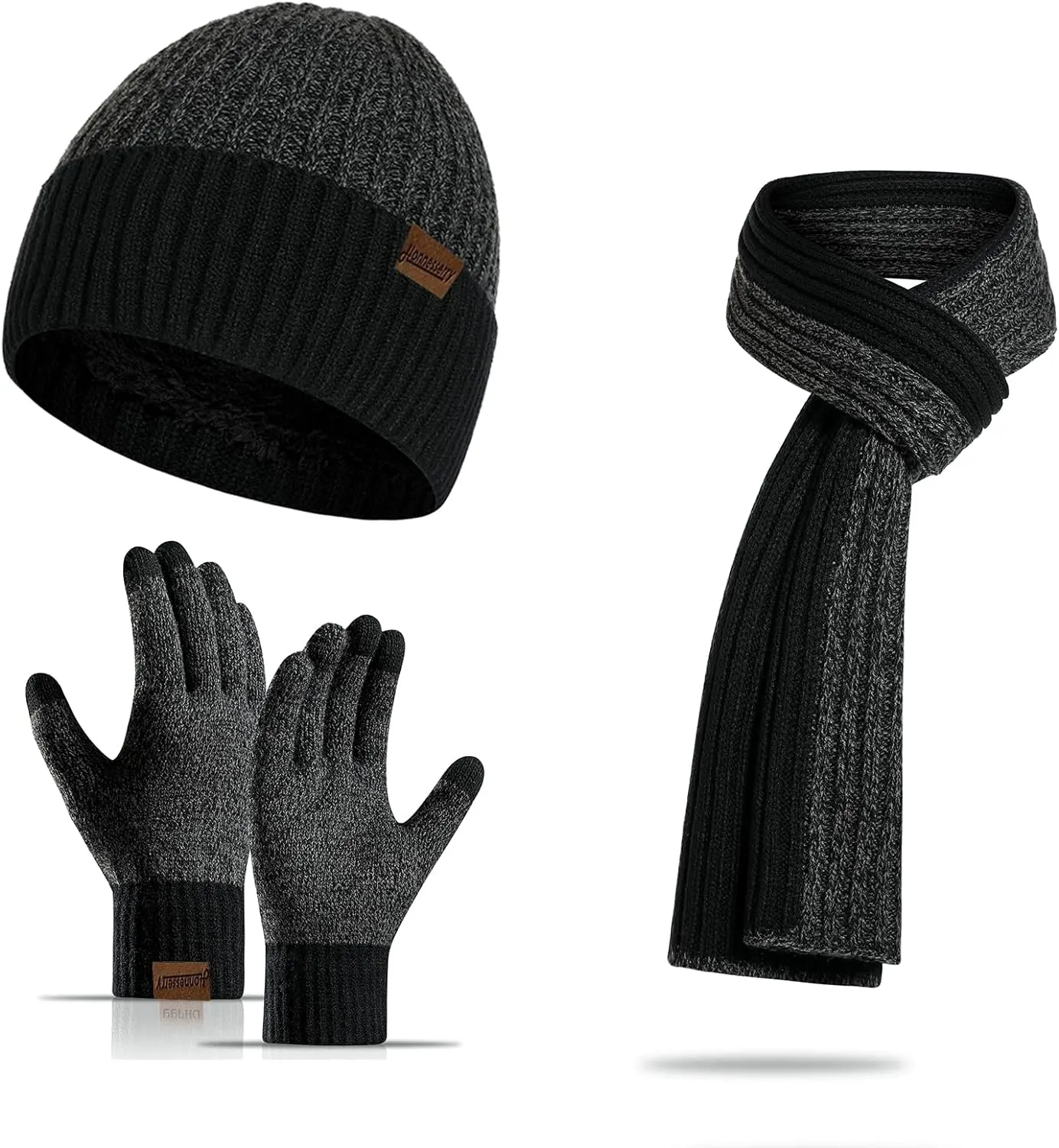 Winter Soft Black Thermal Knit Beanie Hat, Gloves & Scarf Set